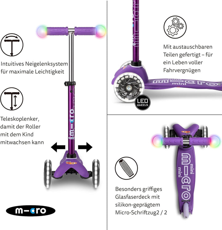 Micro Mini-LED-Lenker mit 3 Rädern für Kleinkinder, 2–5 Jahre, neigbar und schlank, für Kleinkinder