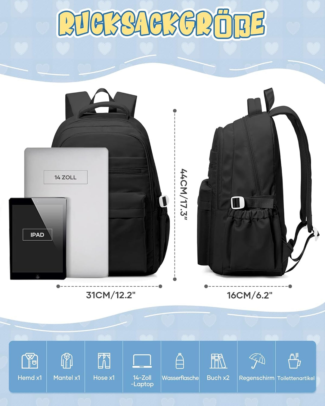 Schulrucksack Teenager für Mädchen &amp; Jungen, Rucksack mit vielen Fächern für Mittel Oberstufe Colleg