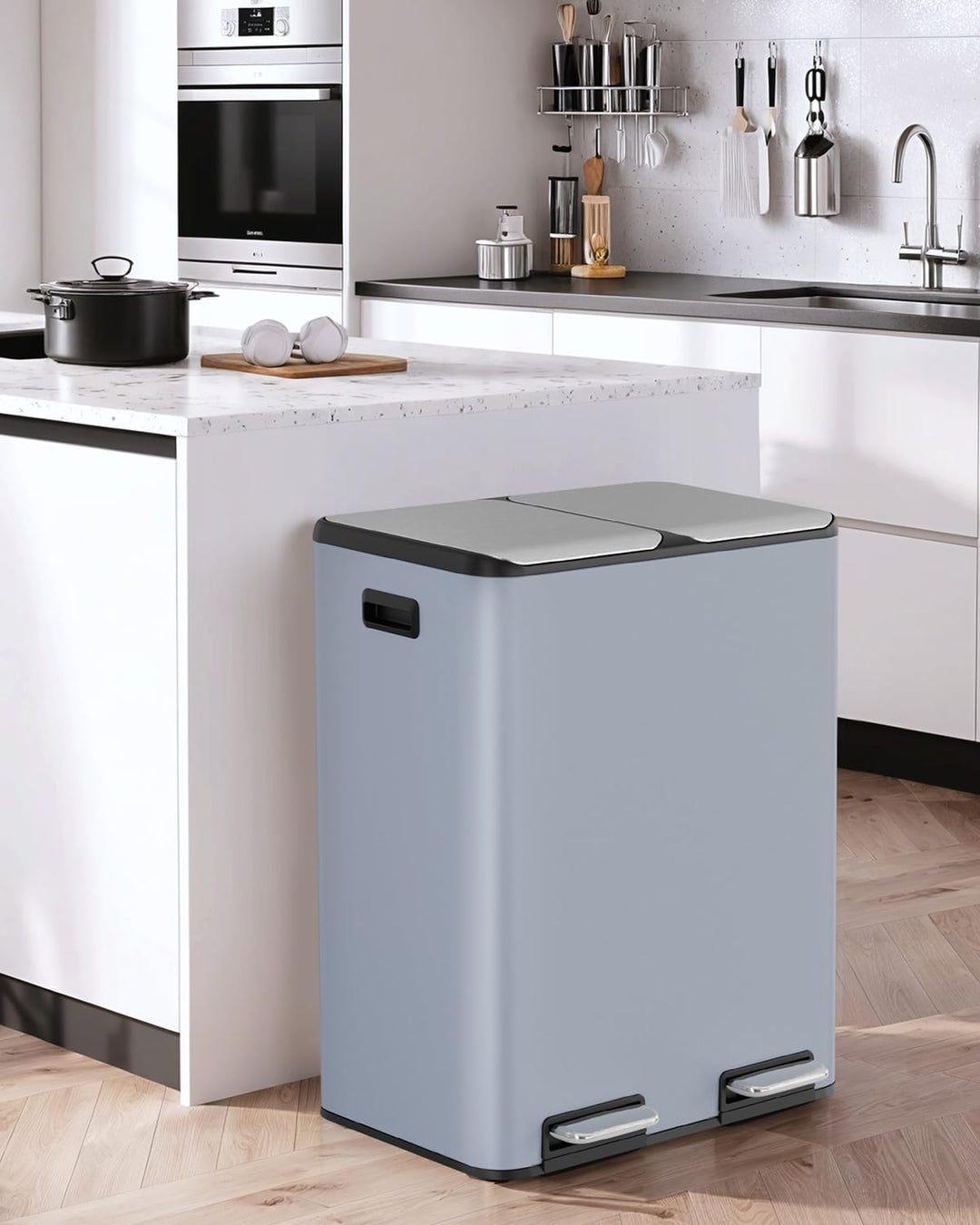 LIFERUN Mülleimer 2 Fächer, 2 x 30 Liter Treteimer mit Geruchsfilter, Deckel Geräuschlos, Inneneimer
