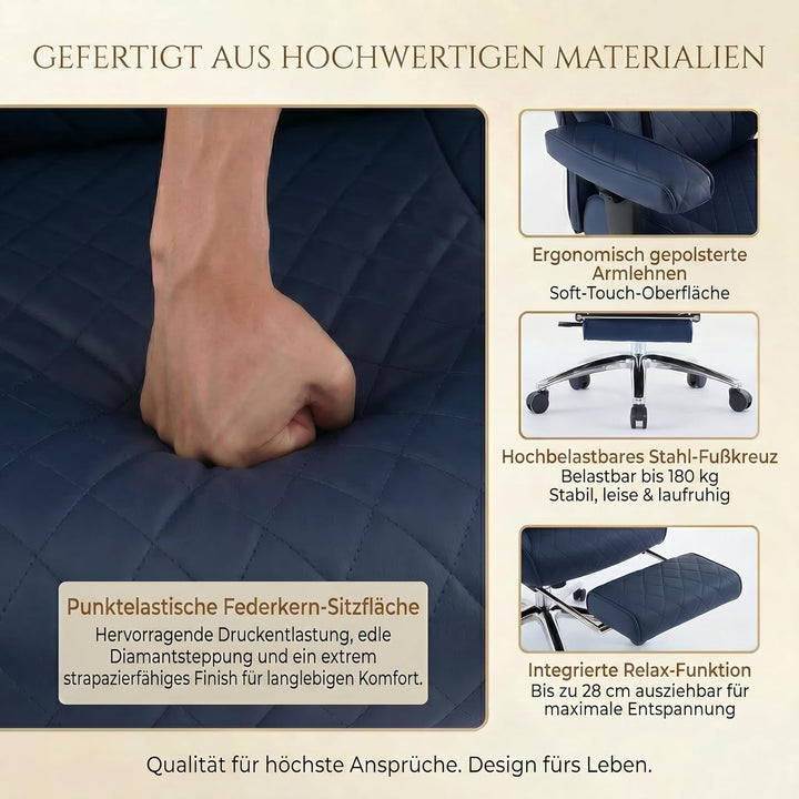 EXCEBET XXL Chefsessel bis 180kg Belastbar, Ergonomischer Bürostuhl mit Taschenfederkern, Breiter Dr