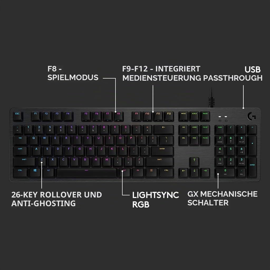 Logitech G512 mechanische Gaming-Tastatur, GX-Brown Taktile Switches, LIGHTSYNC RGB-Beleuchtung, USB