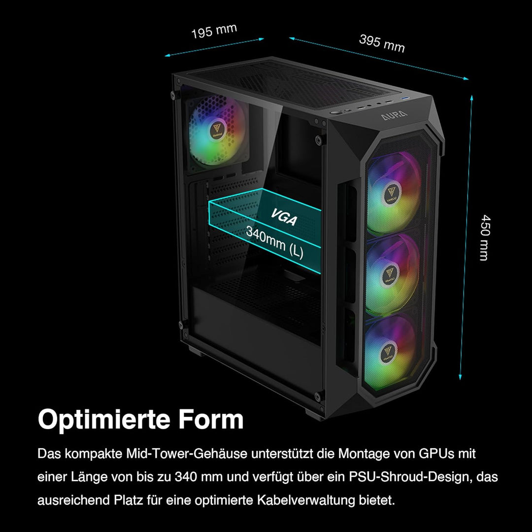 GAMDIAS Aura GC1 Elite ARGB ATX Gaming Midi-Tower PC-Gehäuse, 4 x 120 ARGB-Lüfter, High Airflow Mesh