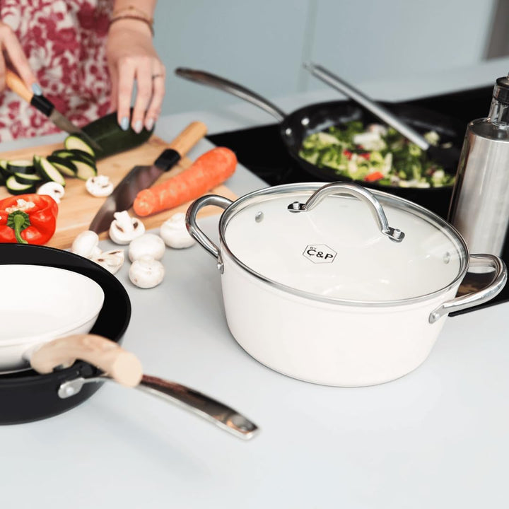 Cook & Pan - Go Ivory Topfset und Pfannenset, 7-teilig-Induktionsgeeignet-PFAS frei Keramik-Beschich