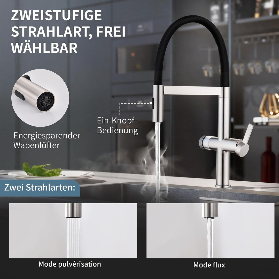 HOMELODY Wasserhahn Küche mit Filter, Hoher Bogen Küchenarmatur mit Ausziehbarer Brause, 360°Drehbar