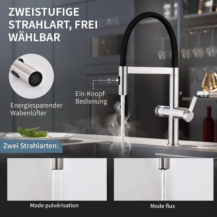 HOMELODY Wasserhahn Küche mit Filter, Hoher Bogen Küchenarmatur mit Ausziehbarer Brause, 360°Drehbar