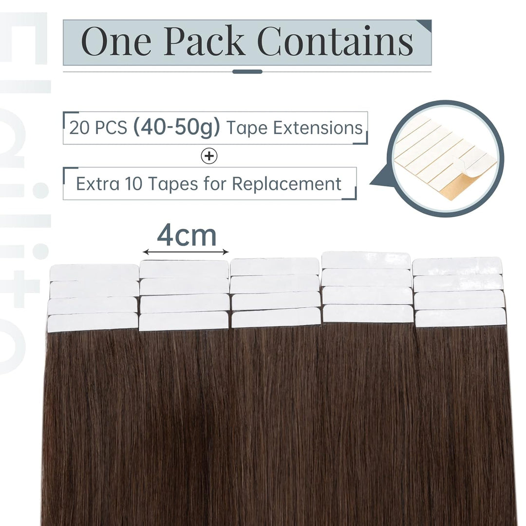 Elailite Extensions Echthaar Tape #04 Schokobraun, 20 Stück/Packung Real Human Hair, 35cm Indian Haa