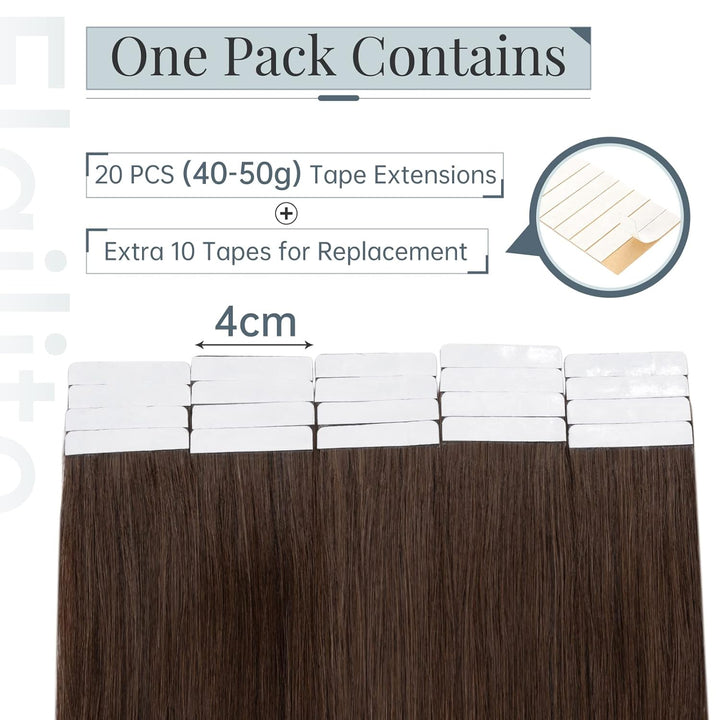 Elailite Extensions Echthaar Tape #04 Schokobraun, 20 Stück/Packung Real Human Hair, 35cm Indian Haa