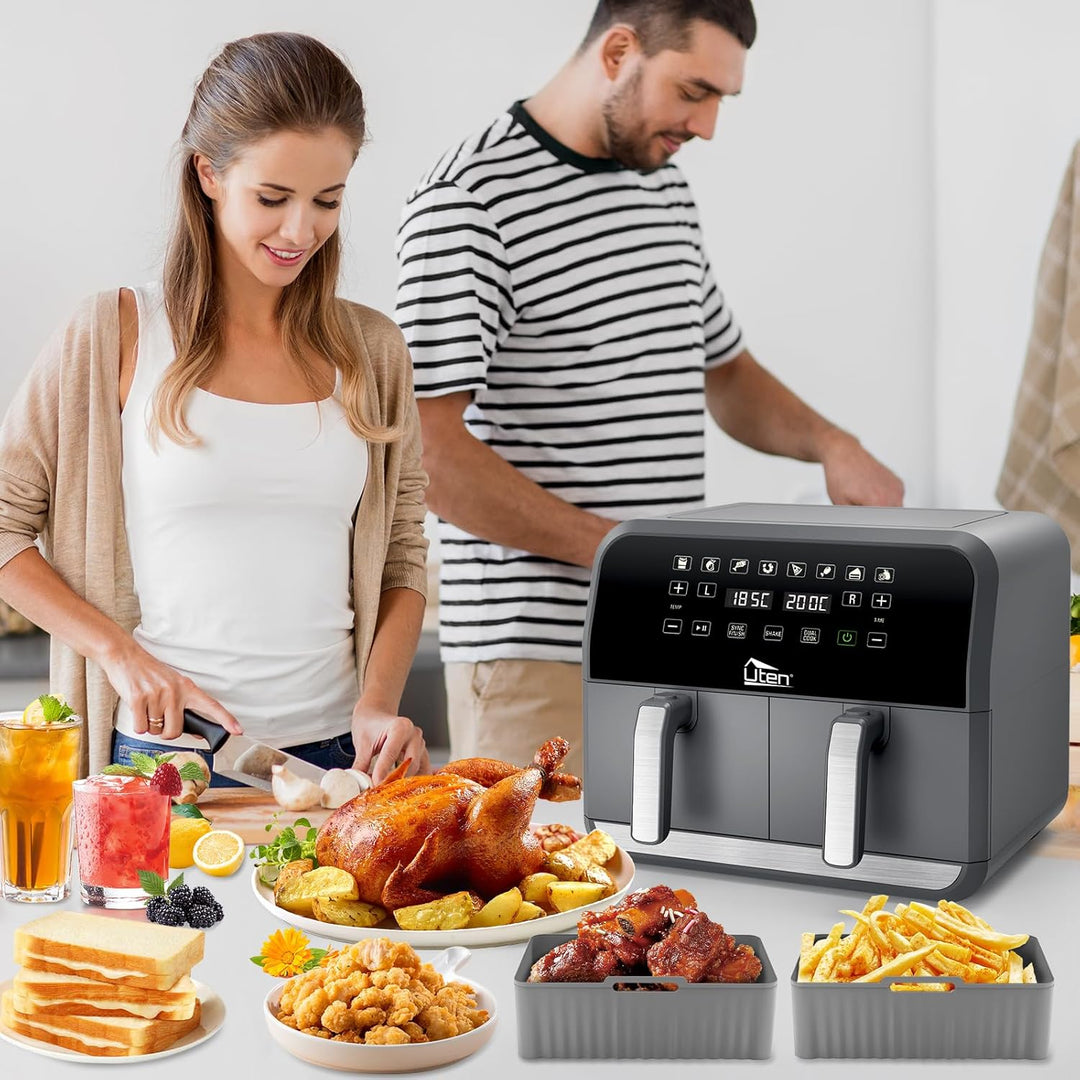 Uten Doppel Heissluftfritteuse, 8L Heissluftfritteuse Dual Zone, XXL Airfryer mit 2 Kammern, Silikon