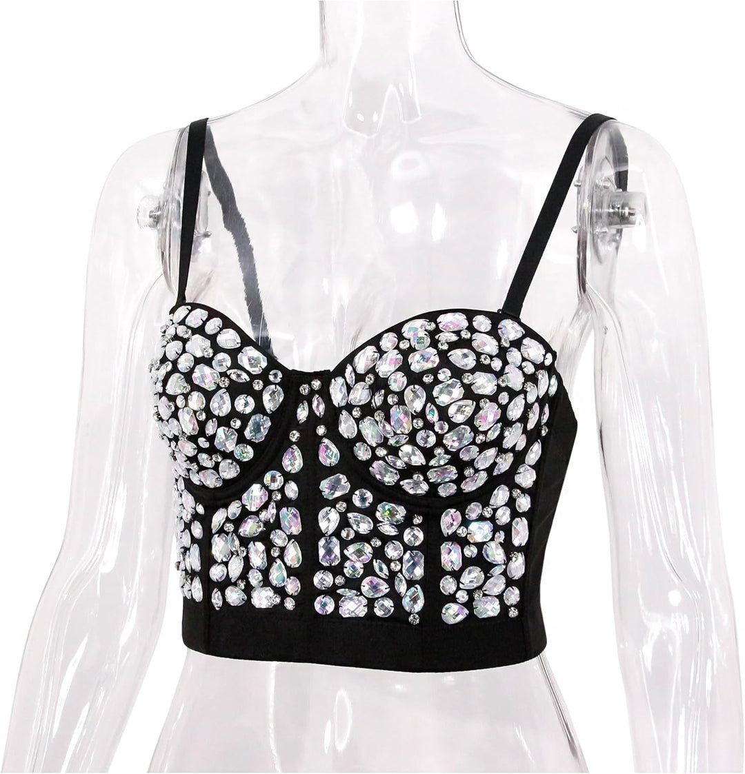 Naimo Damen Sexy Strass Bustier Push Up Crop Top Korsett BH Glitzer Kristall Tank Top Cami Weste Par