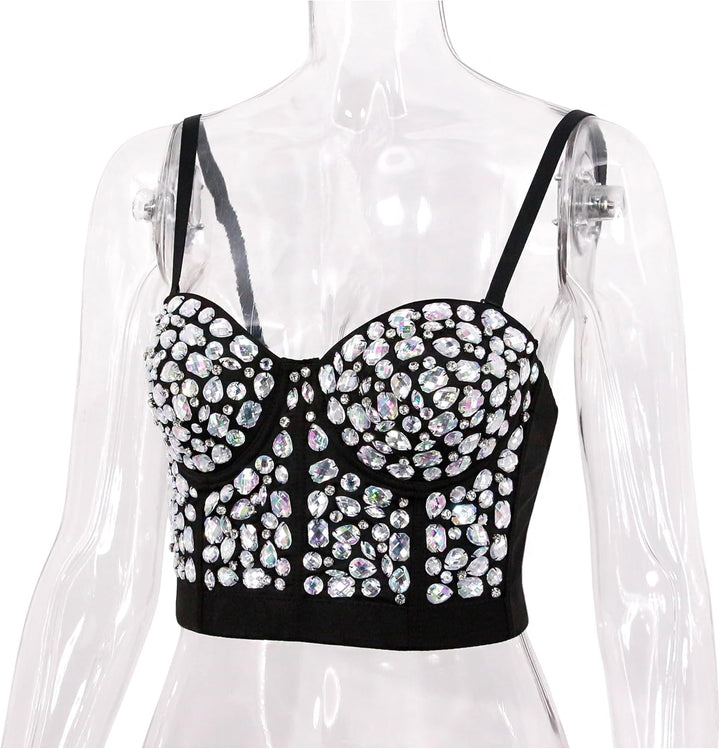 Naimo Damen Sexy Strass Bustier Push Up Crop Top Korsett BH Glitzer Kristall Tank Top Cami Weste Par