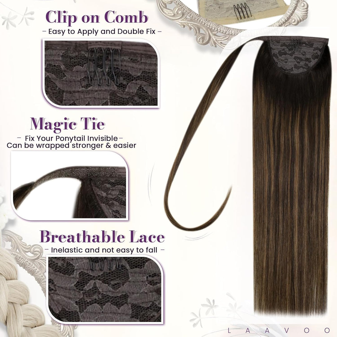 LaaVoo Zopf Extensions Echthaar Braun 40cm 80g Zopf Haarteil Extensions Echthaar Balayage Clip in Po