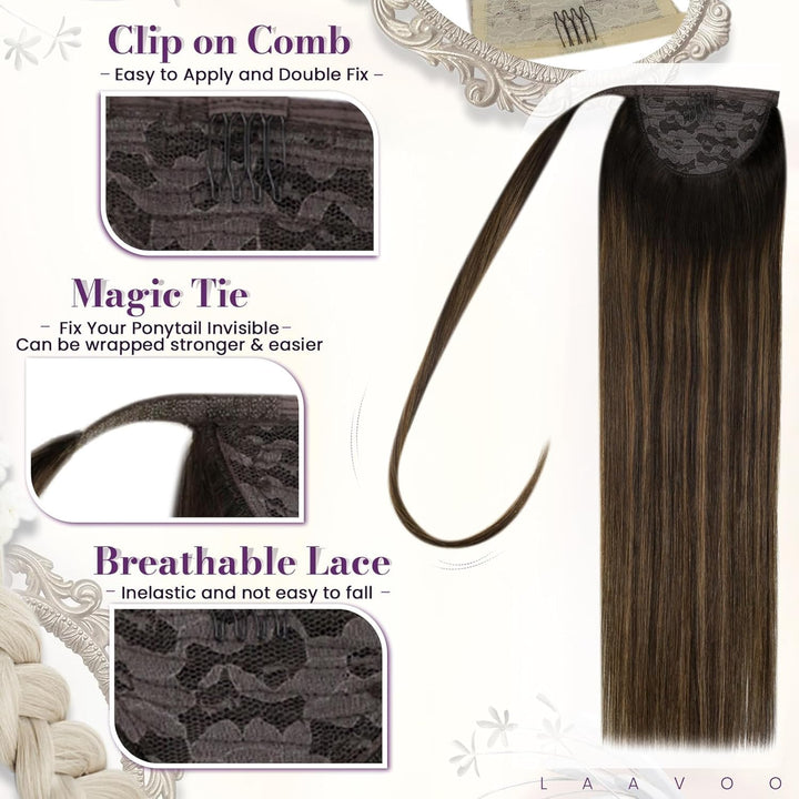 LaaVoo Zopf Extensions Echthaar Braun 40cm 80g Zopf Haarteil Extensions Echthaar Balayage Clip in Po