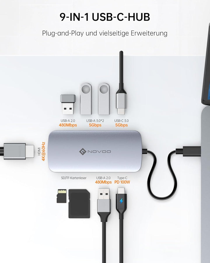 NOVOO USB C Hub 9 in 1 USB C Adapter 4K@60Hz HDMI,4*USB A+1*USB C Datenports,100W PD,SD/TF Docking S