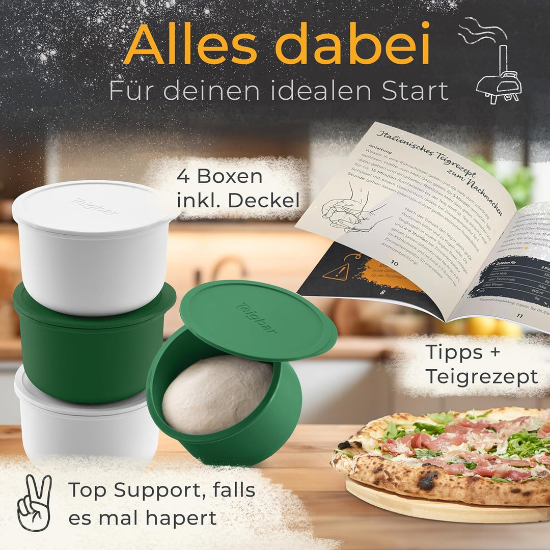 Teigbar« Pizzaballenbox mit Deckel, 4er Set - platzsparende Teigbox aus löse-leichtem Silikon - bis