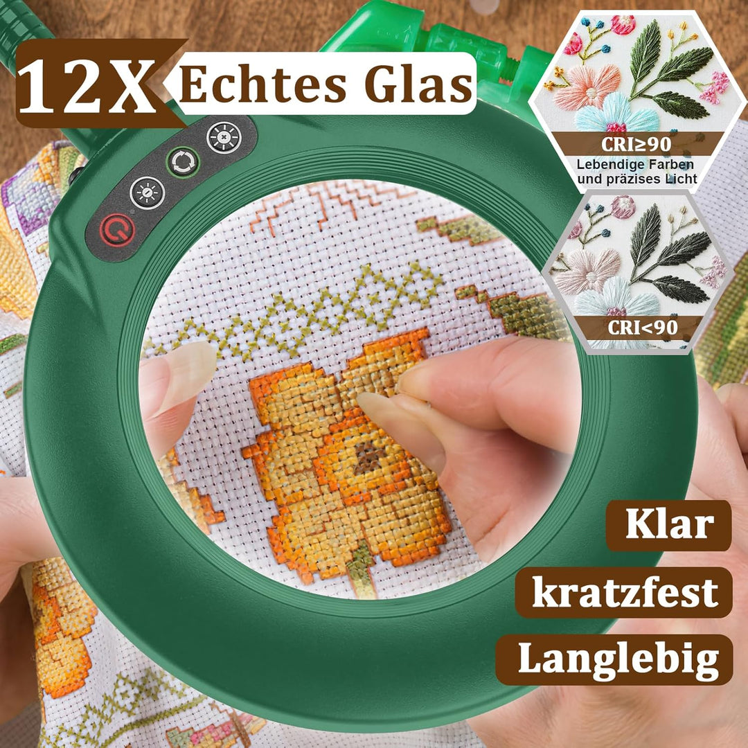 Veemagni 12X Lupe mit Licht und Klemme, Echtes Glas Lupenlampe, 5 Farbmodi Stufenlos Dimmbare, 23 Zo