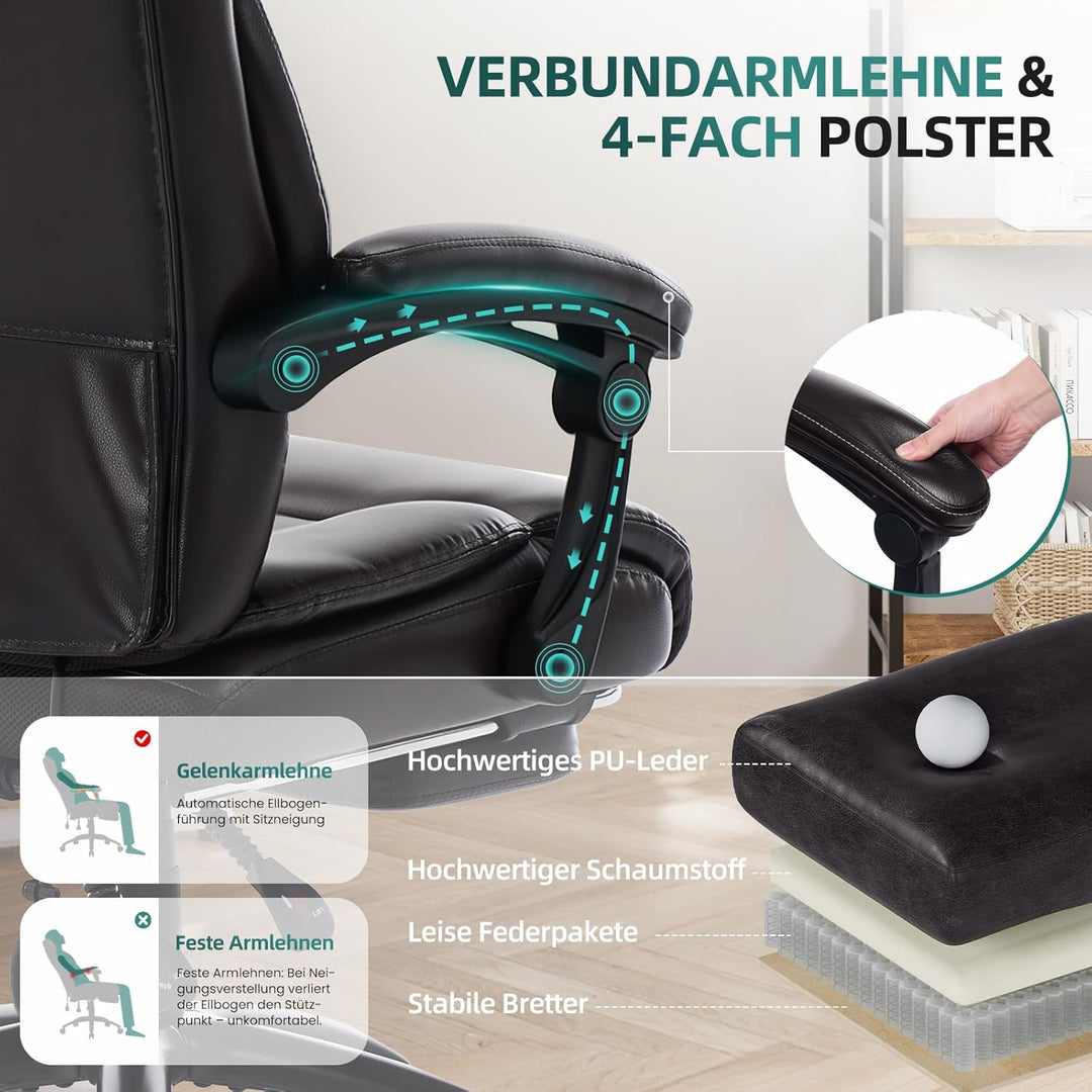 COLAMY Chefsessel Ergonomisch mit Fussstütze, Aufblasbarer Lendenstütze, 117° Kippfunktion, Gepolste