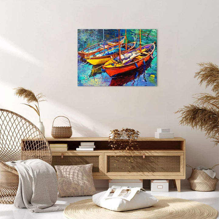 Bilder auf Leinwand Boote Bunt Angeln Wasser Leinwandbild 70x50cm Wandbilder Dekoration Wohnzimmer S