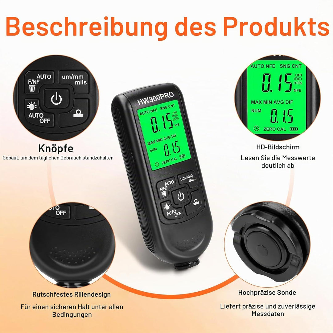 Schichtdickenmessgerät 0-2000μm, ±(3%+1µm) Präzision Digitales Lackdickenmessgerät für Metall mit Di