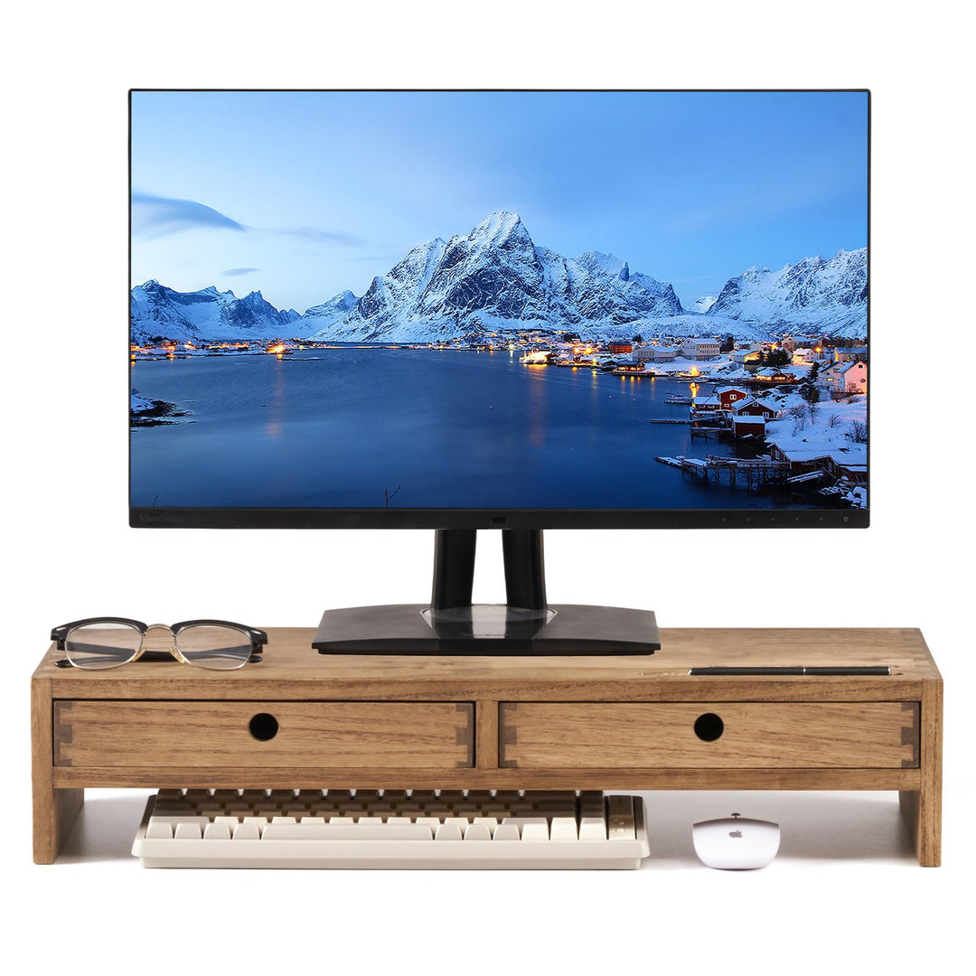 KIRIGEN hölzerner Monitorständer mit 2 Schubladen Computer Desktop Storage Organizer Lautsprecher TV