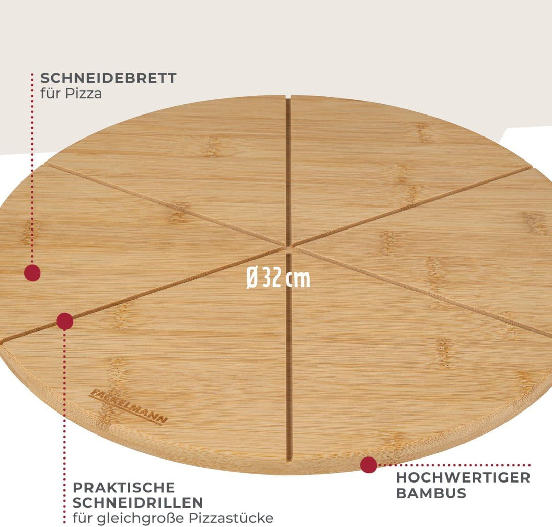 Fackelmann Pizza Schneidebrett Holz rund 32 cm – Aus nachwachsendem Bambus – Schneidrillen für perfe