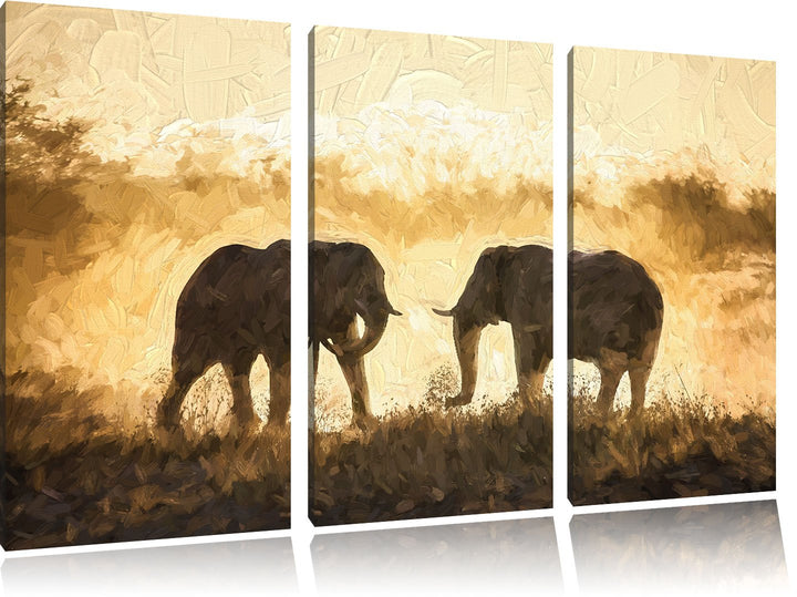Pixxprint kämpfende Elefanten Kunst als Leinwandbild/Grösse: 3 Teilig (120x80 cm) cm/Wandbild/Kunstd
