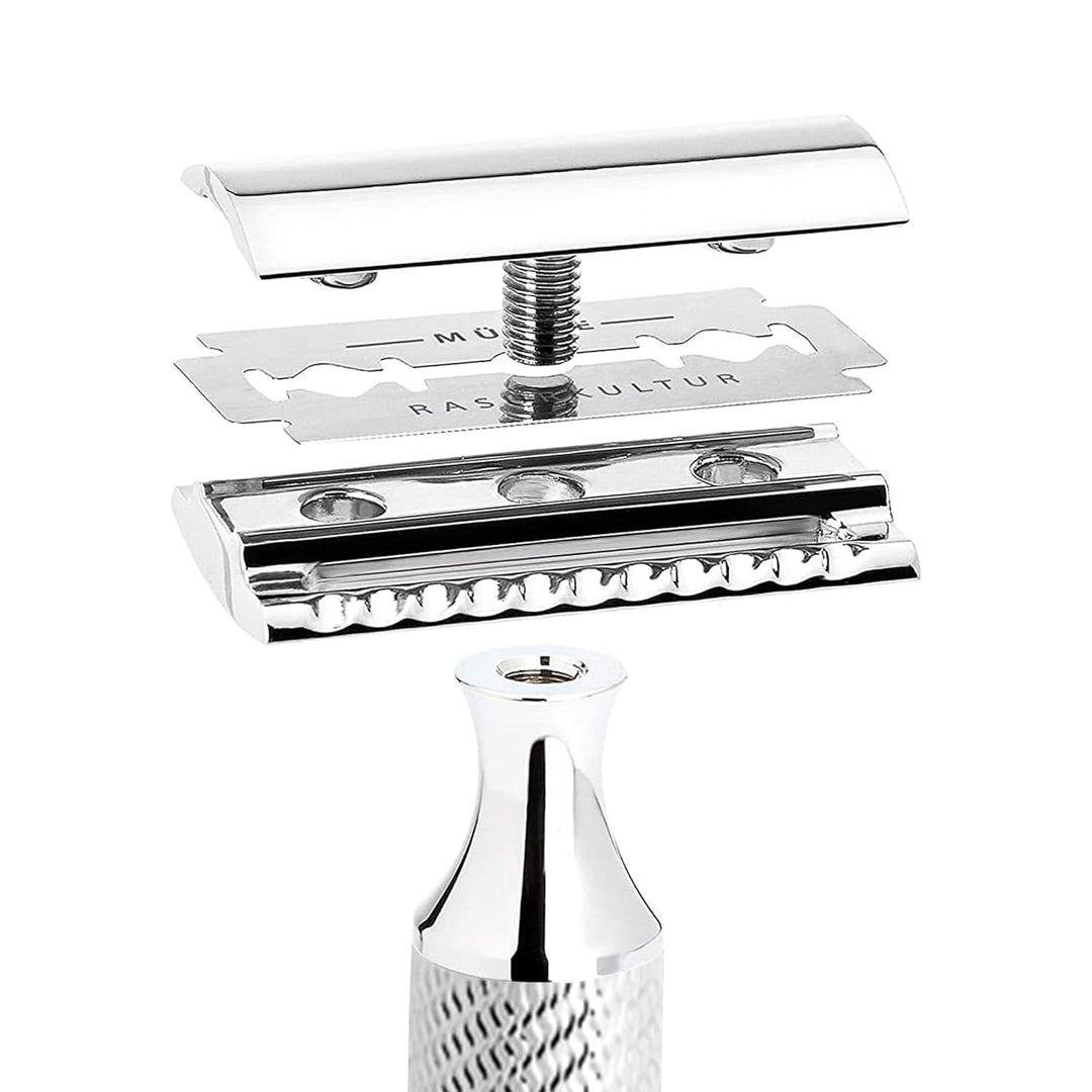 MÜHLE Traditional Rasierset - handgefertigter Rasierpinsel mit Silberspitz-Dachszupf, Rasierhobel mi