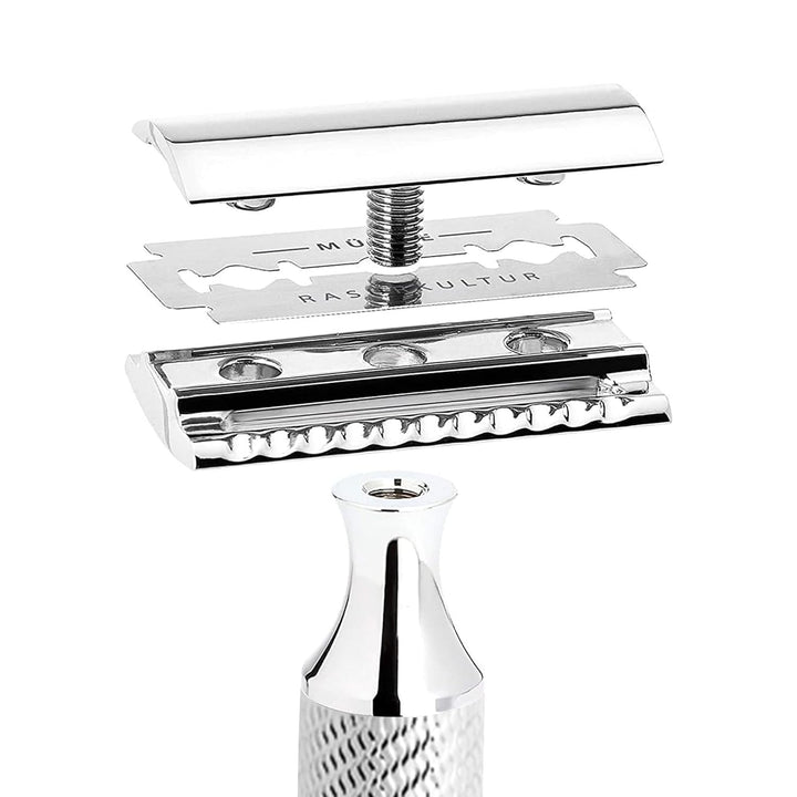 MÜHLE Traditional Rasierset - handgefertigter Rasierpinsel mit Silberspitz-Dachszupf, Rasierhobel mi