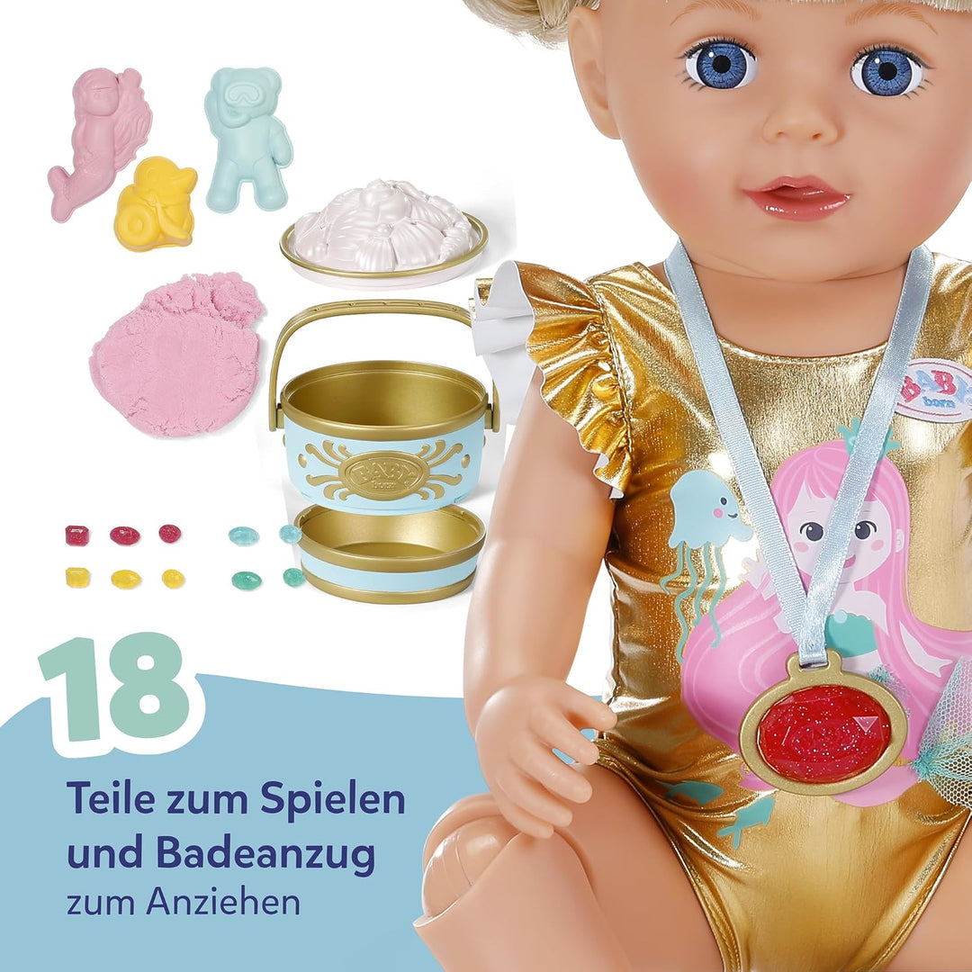 Baby Born Strandüberraschung Set mit Badeanzug im Meerjungfrauen-Print, Sandförmchen, formbarem Sand
