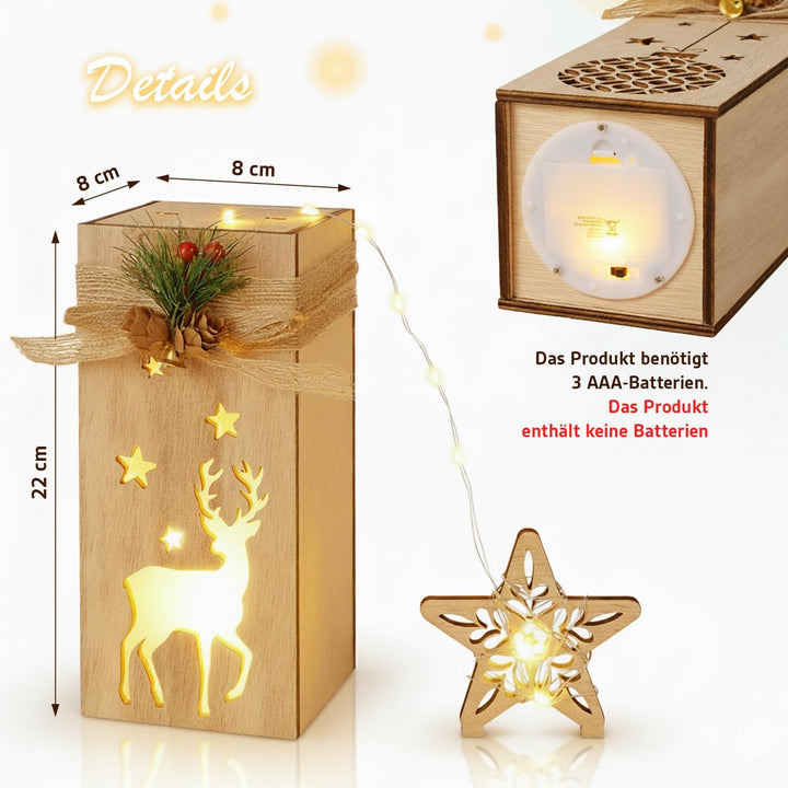 Holz Weihnachtsdeko mit LED Licht I 2er Set beleuchtete Holzdeko Weihnachten mit Elch & Stern I Weih