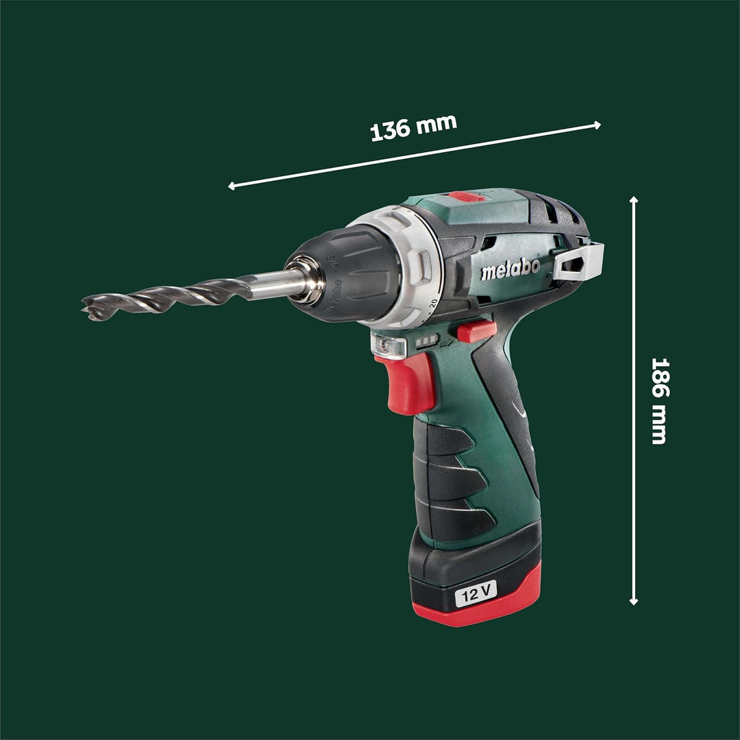Metabo Akku-Bohrschrauber PowerMaxx BS Basic Set – 600080880 – 12 V – Mobile Werkstatt mit kompaktem
