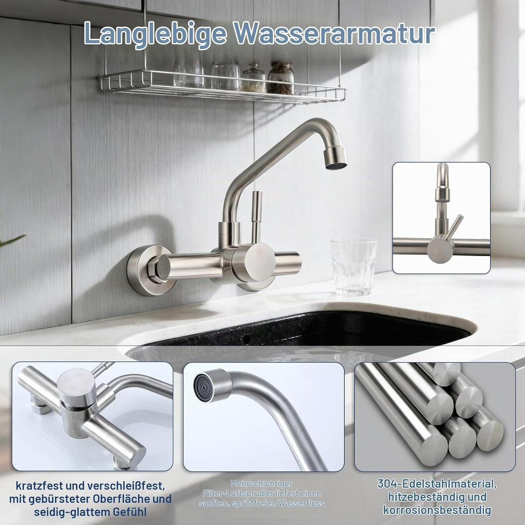 Wasserhahn Wandmontage, Edelstahl wasserhahn Küche 360° Drehbare Wasserhahn Verlängerung Kalt und He