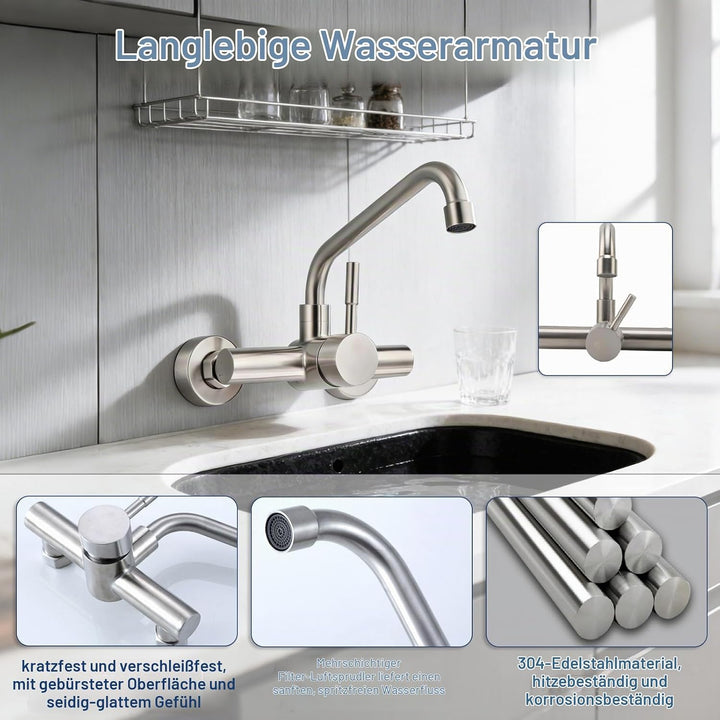 Wasserhahn Wandmontage, Edelstahl wasserhahn Küche 360° Drehbare Wasserhahn Verlängerung Kalt und He