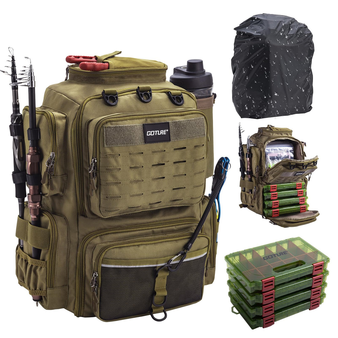Goture Angelrucksack mit 4 Köderbox Angeln, 45-Liter Angelzubehör-Rucksack mit Zwei Rutenhaltern und