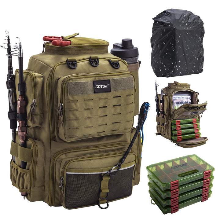 Goture Angelrucksack mit 4 Köderbox Angeln, 45-Liter Angelzubehör-Rucksack mit Zwei Rutenhaltern und