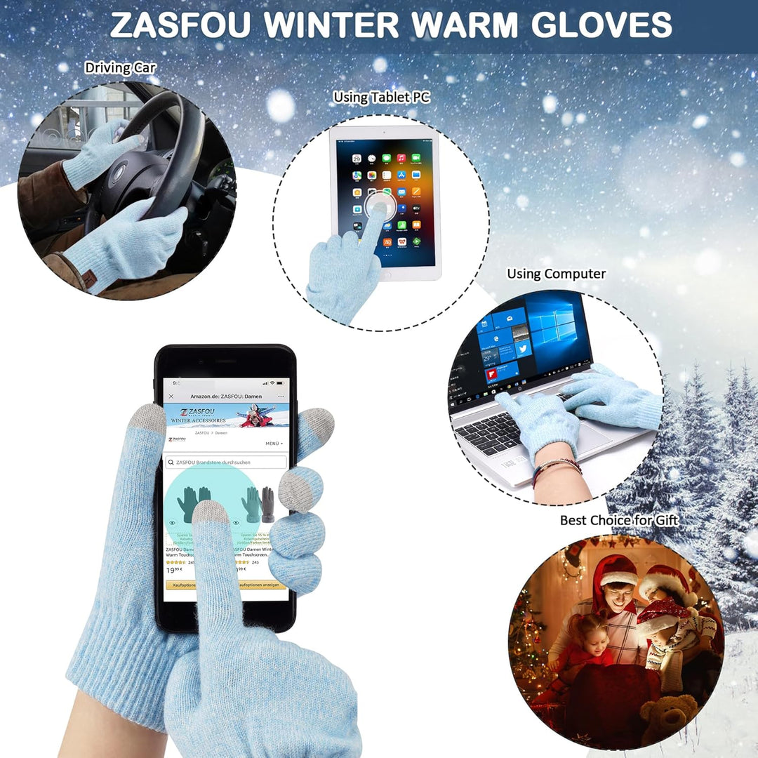 ZASFOU Damen Winter Mütze Schal Touchscreen Handschuhe Set Thermo Beanie Wintermütze Strickmütze Sch