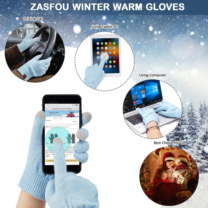 ZASFOU Damen Winter Mütze Schal Touchscreen Handschuhe Set Thermo Beanie Wintermütze Strickmütze Sch