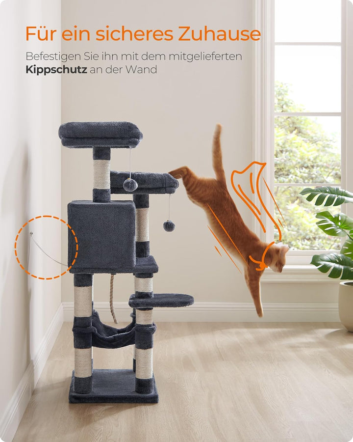Feandrea Kratzbaum, 112 cm hoch, Katzenbaum mit 11 Kratzsäulen, 2 Plattformen, 1 Katzenhöhle, 1 Häng