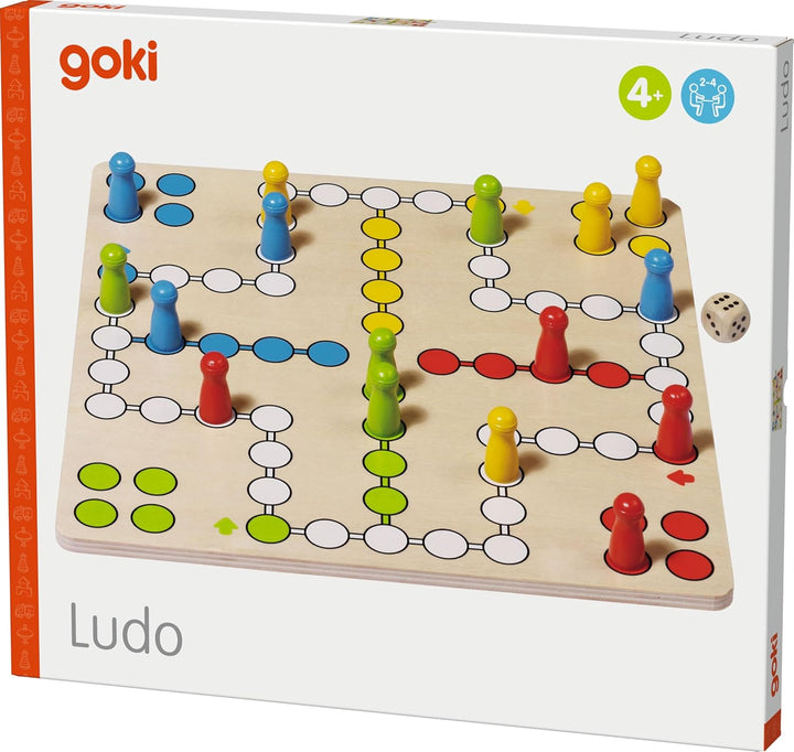 goki Ludo – Klassisches Holzbrettspiel für 2-4 Spieler mit 16 farbigen Pionen und robustem 28x28 cm