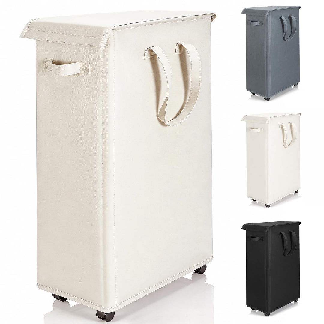 Slim Wäschekorb mit Deckel 55L, Wäschebeutel mit Rollen, atmungsaktiv, zusammenklappbar, schmal,für