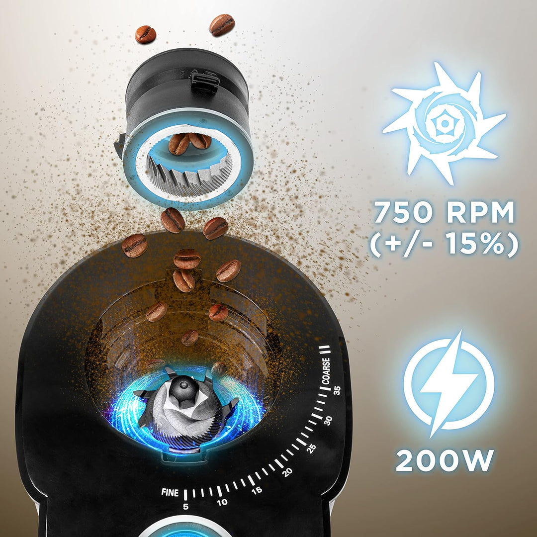 Duronic BG200 Elektrische Kegelmühle, 200 W Kaffeemühle mit Mahlwerk, 200 g Kaffeebohnen, Mahlgrad v