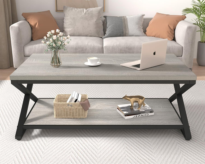 HSH Couchtisch mit Stauraum Grau Wohnzimmertisch Industrielles Holz und Metall Teetisch Rechteckiger