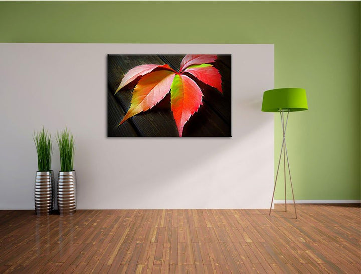 Pixxprint schönes Laubblatt auf Holz auf Leinwand, XXL riesige Bilder fertig gerahmt mit Keilrahmen,