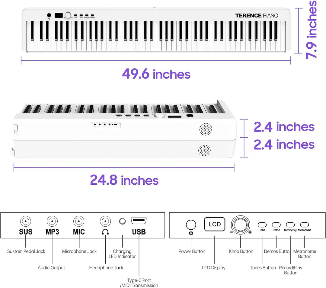 TERENCE Piano mit 88 Tasten Faltbares Klaviertastatur mit 1800mAh Batterie unterstützung MIDI USB-Sc