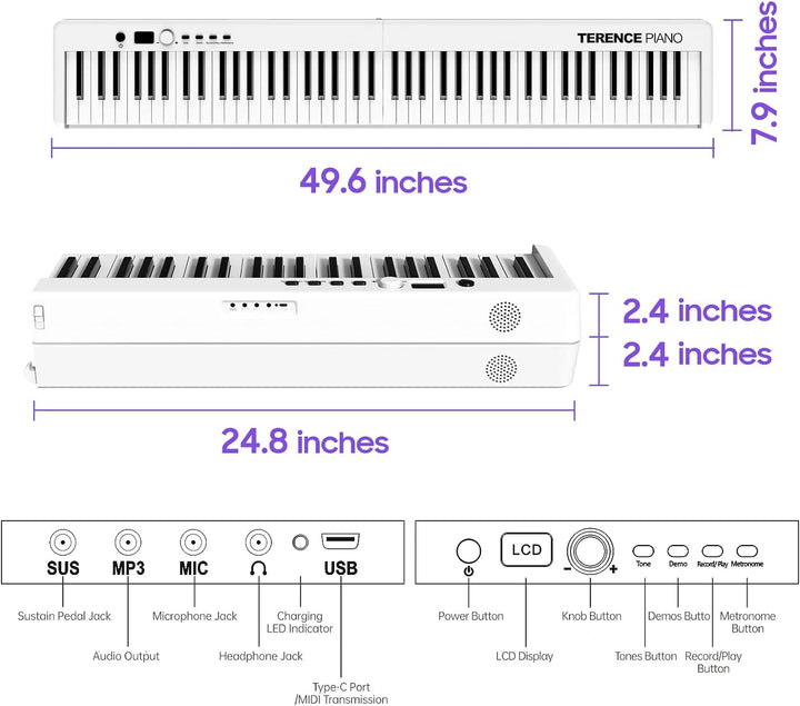 TERENCE Piano mit 88 Tasten Faltbares Klaviertastatur mit 1800mAh Batterie unterstützung MIDI USB-Sc