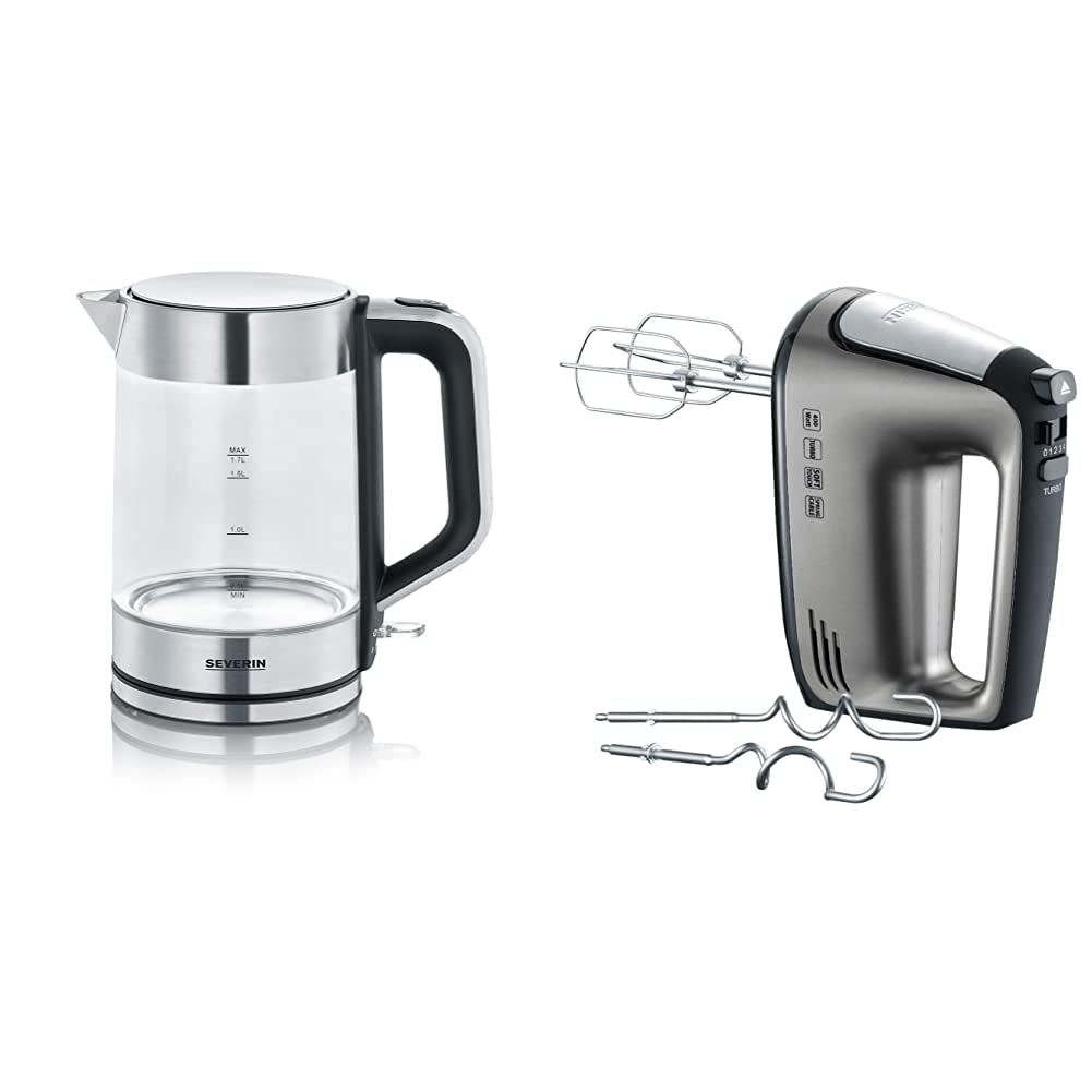 SEVERIN 3420-000 WK 3420 Wasserkocher, 2200, 1.7 liters, Glas-Edelstahl-gebürstet/schwarz &amp; Handmixe
