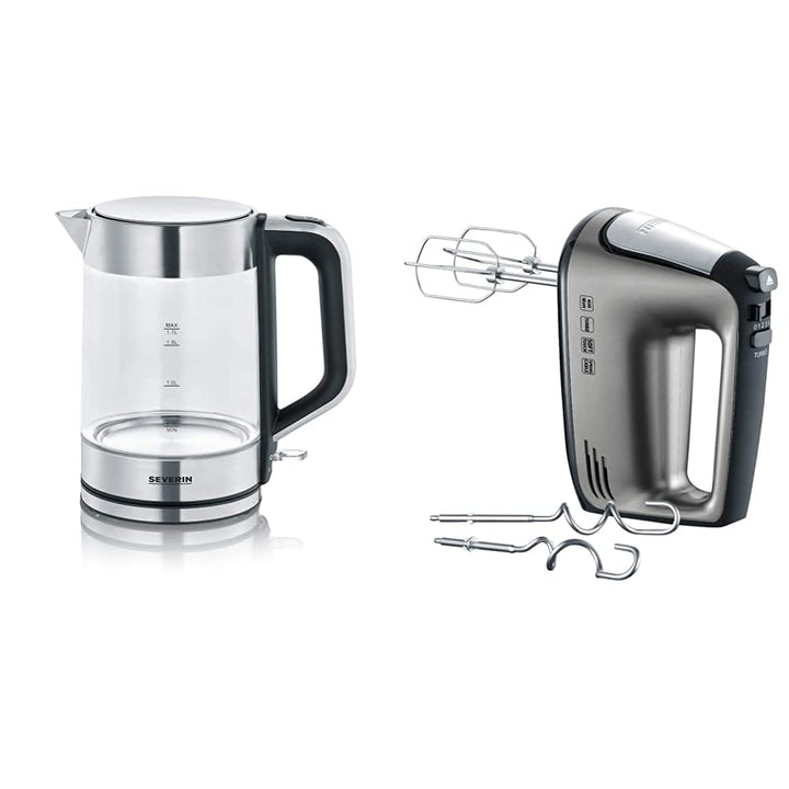 SEVERIN 3420-000 WK 3420 Wasserkocher, 2200, 1.7 liters, Glas-Edelstahl-gebürstet/schwarz &amp; Handmixe