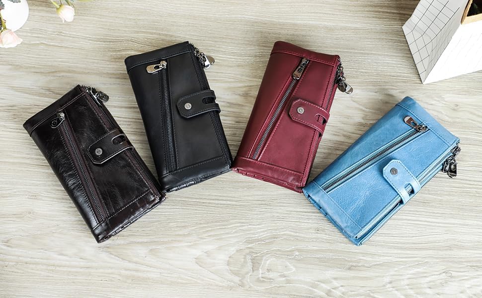 RFID Frauen Reissverschluss Brieftasche-Dame Karte Münzhalter Telefon Kupplung Geldbörse Echtes Lede