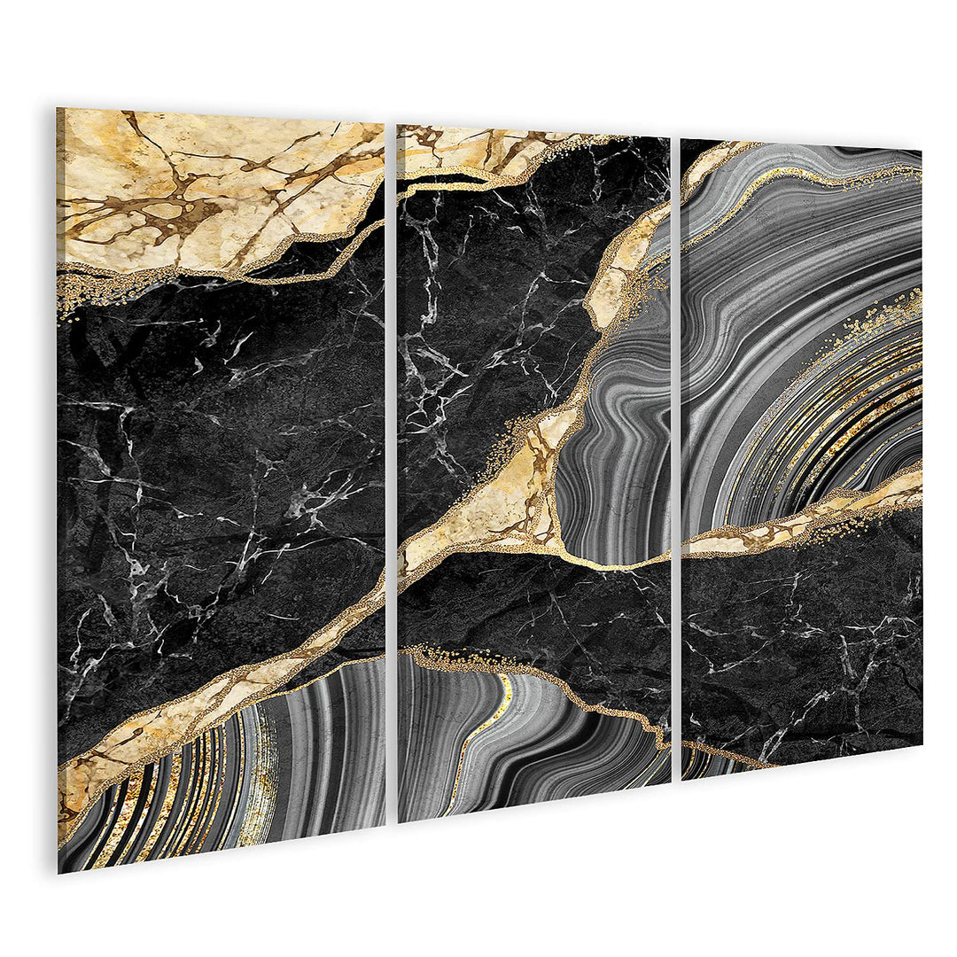 islandburner Bild auf Leinwand Abstrakter Hintergrund Schwarzer Marmor und Achat Mosaik mit goldenen