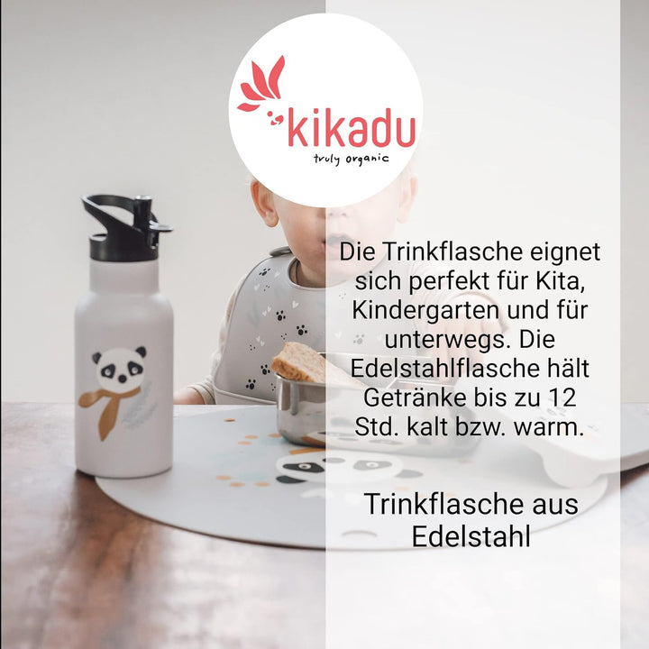 kikadu Trinkflasche Panda Silber Grau - Kindergeschirr, BPA-frei, mit niedlichen Aufdrucken, Fassung