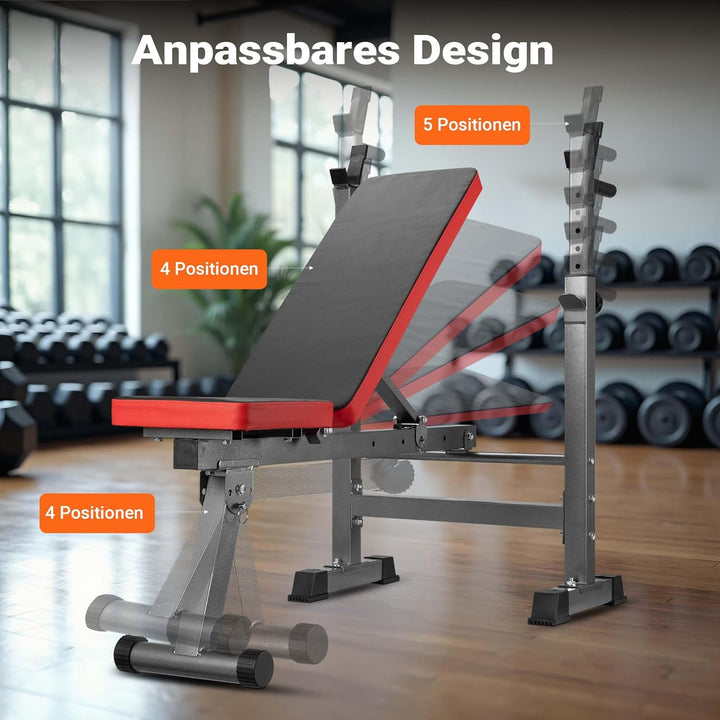 Wiltec Hantelbank klappbar bis 230kg Trainingsbank mit Langhantelablage 2in1 Schrägbank und